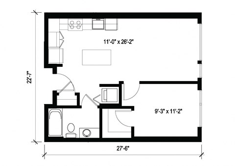 Floor plan for 1 bed, 1 bath, 586 sqft
